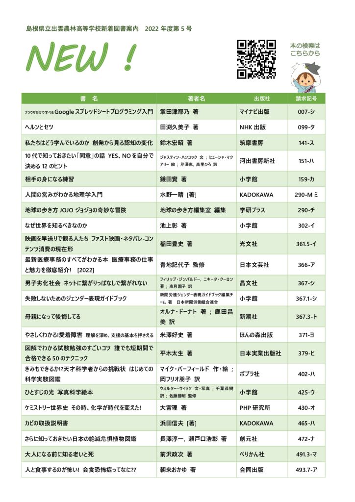 新着図書案内NEW2022年第5号 – 島根県立出雲農林高等学校